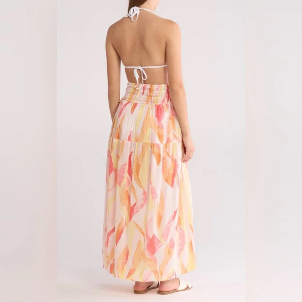 Elan Coral Print Amalfi Crop Halter Top & Smocked Skirt Set S